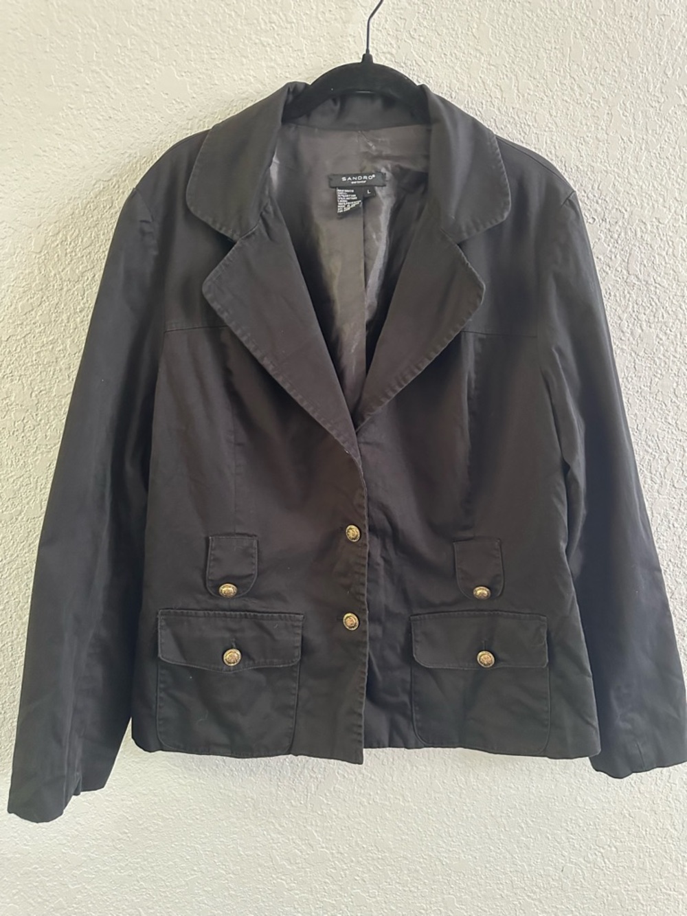 Sandro Paris Black Blazer Jacket Gold Button Cropped Tailored Women’s L